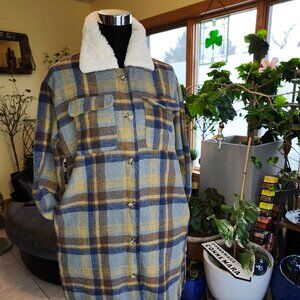 Spoon Jeans Longline Plaid Thick Brushed Flannel Sherpa Collar Shacket